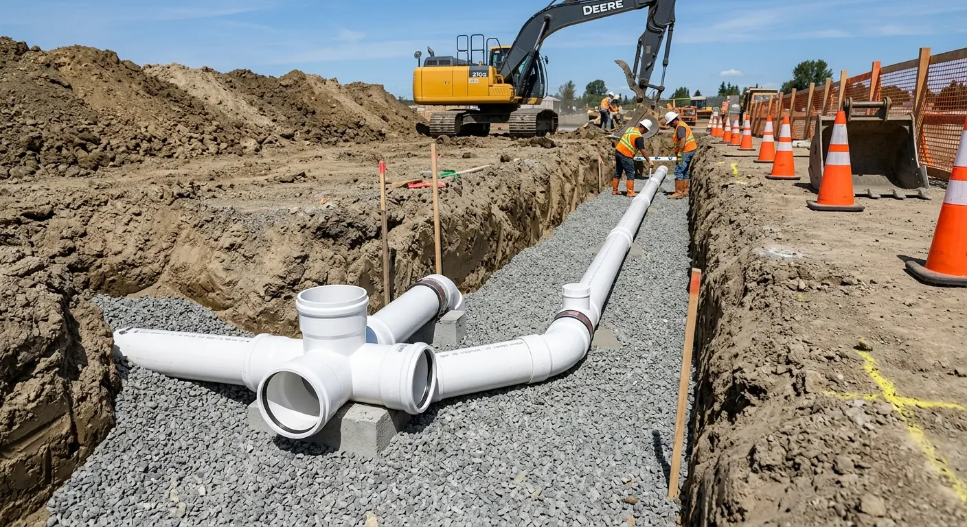 New PVC sewer pipe installation in open trench for Commercial Drain Cleaning in Aiken
