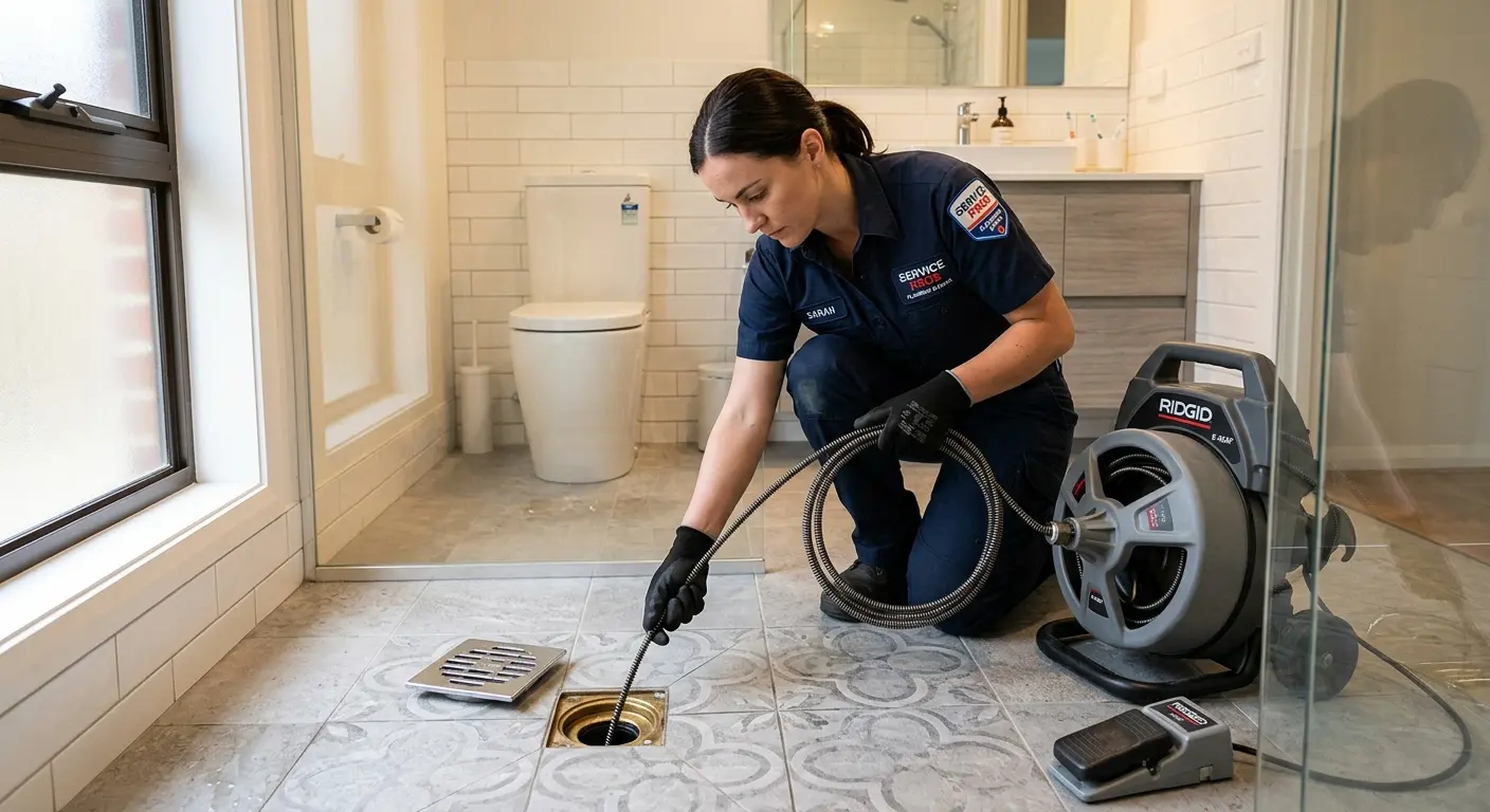 Technician clearing a bathroom floor drain for Hydro Jetting in Aiken